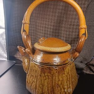 Vintage Rustic Brown Pottery Teapot, Bamboo Handle, Marked 5"H, 5"W 9"H w/handle